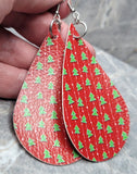 Christmas Tree Patterned Large Red Tear Drop Shaped FAUX Leather Earrings