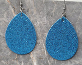 Aqua Blue Glitter FAUX Leather Large Teardrop Earrings