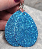 Aqua Blue Glitter FAUX Leather Large Teardrop Earrings