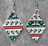 Red, Green and White Ugly Christmas Sweater Patterned Diamond Shaped FAUX Leather Earrings