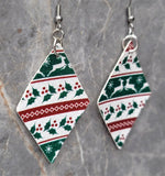 Red, Green and White Ugly Christmas Sweater Patterned Diamond Shaped FAUX Leather Earrings