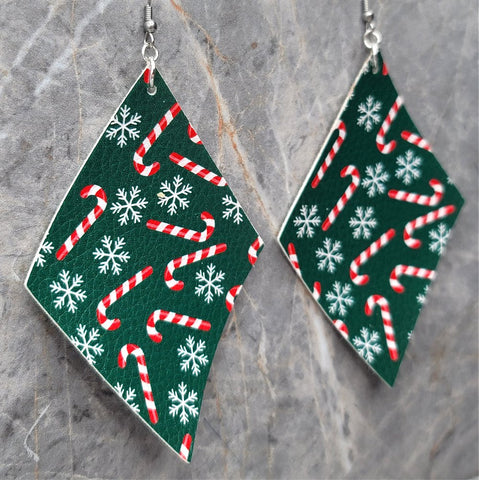 Candy Cane and Snowflake Patterned Diamond Shaped FAUX Leather Earrings