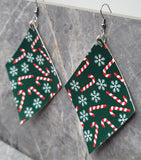 Candy Cane and Snowflake Patterned Diamond Shaped FAUX Leather Earrings