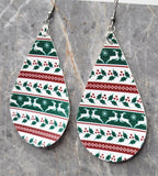 Red, Green and White Ugly Christmas Sweater Patterned Teardrop Shaped FAUX Leather Earrings