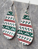 Red, Green and White Ugly Christmas Sweater Patterned Teardrop Shaped FAUX Leather Earrings