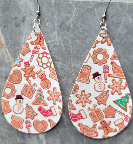Christmas Cookie Patterned Large Tear Drop Shaped FAUX Leather Earrings
