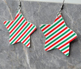 Red and Green Striped FAUX Leather Star Earrings