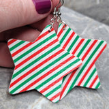 Red and Green Striped FAUX Leather Star Earrings