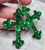 Green and Red Glitter Very Sparkly Double Sided FAUX Leather Cross Earrings