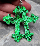 Green and Red Glitter Very Sparkly Double Sided FAUX Leather Cross Earrings