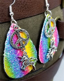Peace and Unicorns Rainbow Striped Chunky Glitter Very Sparkly Double Sided FAUX Leather Teardrop Earrings