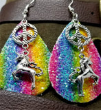 Peace and Unicorns Rainbow Striped Chunky Glitter Very Sparkly Double Sided FAUX Leather Teardrop Earrings