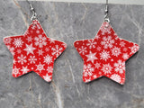 Red FAUX Leather Star Earrings with a Snowflake Pattern