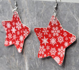 Red FAUX Leather Star Earrings with a Snowflake Pattern