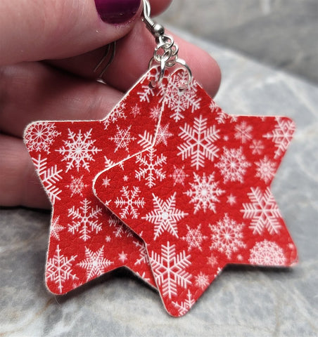 Red FAUX Leather Star Earrings with a Snowflake Pattern