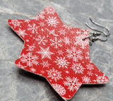 Red FAUX Leather Star Earrings with a Snowflake Pattern