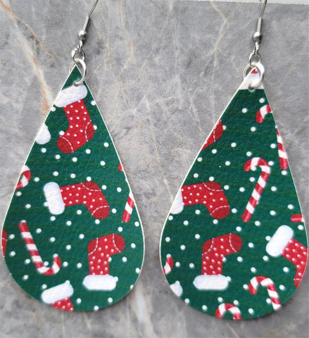 Candy Cane, Stockings and Snowflake Patterned Teardrop Shaped Green FAUX Leather Earrings