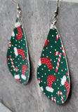 Candy Cane, Stockings and Snowflake Patterned Teardrop Shaped Green FAUX Leather Earrings