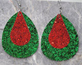 Green Glitter FAUX Leather Waterdrop Earrings with Red Glitter FAUX Leather Teardrop Overlays
