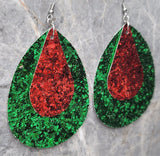 Green Glitter FAUX Leather Waterdrop Earrings with Red Glitter FAUX Leather Teardrop Overlays