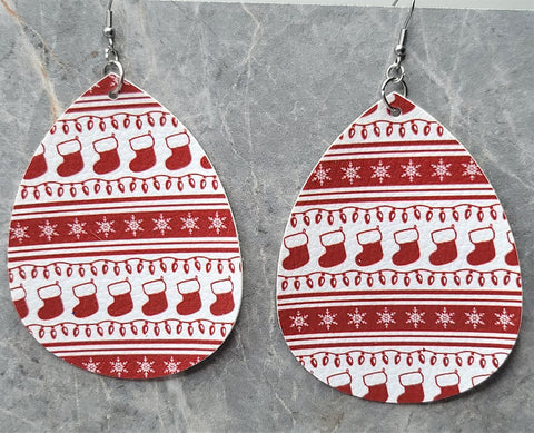 Red and White Ugly Christmas Sweater Patterned Waterdrop Shaped FAUX Leather Earrings
