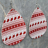 Red and White Ugly Christmas Sweater Patterned Waterdrop Shaped FAUX Leather Earrings