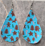 Christmas Cookies and Candy Cane Patterned Large Blue Tear Drop Shaped FAUX Leather Earrings