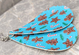 Christmas Cookies and Candy Cane Patterned Large Blue Tear Drop Shaped FAUX Leather Earrings