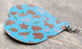 Christmas Cookies and Candy Cane Patterned Large Blue Tear Drop Shaped FAUX Leather Earrings