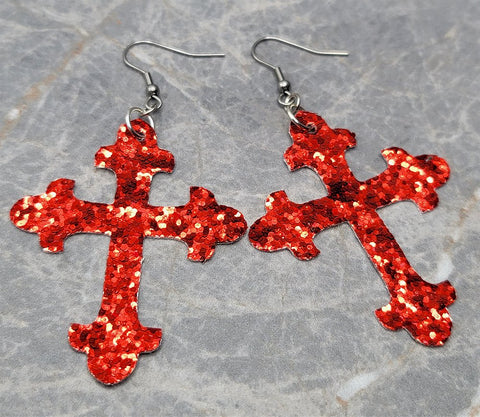 Red Glitter FAUX Leather Cross Earrings