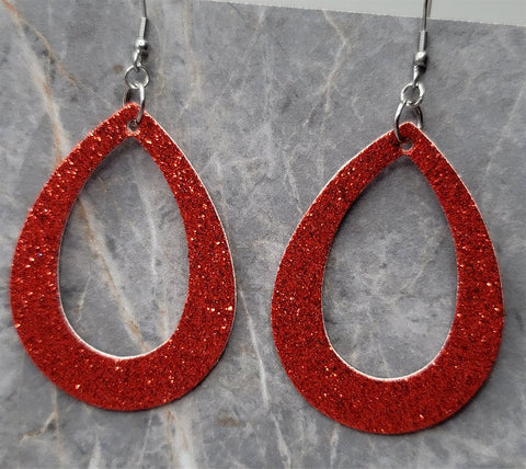 Red Glitter Double Sided FAUX Leather Cut Out Teardrop Earrings