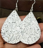 Chunky Silver and White Glitter Very Sparkly FAUX Leather Teardrop Earrings