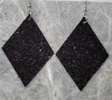 Black Fine Glitter Large Diamond Shaped FAUX Leather Earrings