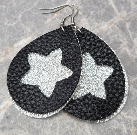 Silver Glitter FAUX Leather Earrings with Star Cut Out Overlay
