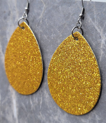 Gold Glitter FAUX Leather Large Teardrop Earrings