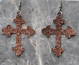 Brown Glitter FAUX Leather Cross Earrings