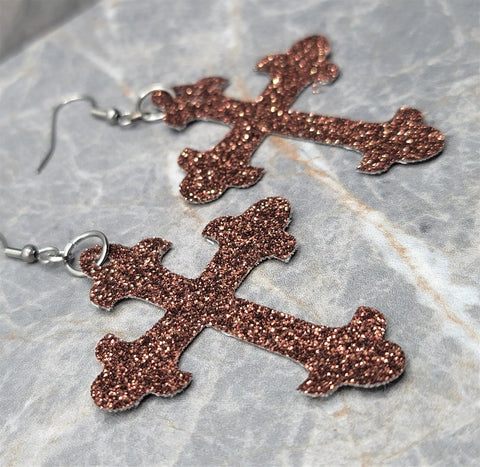 Brown Glitter FAUX Leather Cross Earrings