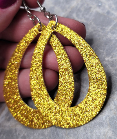 Gold Glitter Double Sided FAUX Leather Cut Out Teardrop Earrings