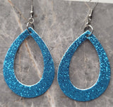 Aqua Blue Glitter Double Sided FAUX Leather Cut Out Teardrop Earrings