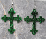 Green Glitter FAUX Leather Cross Earrings