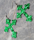 Green Glitter FAUX Leather Cross Earrings