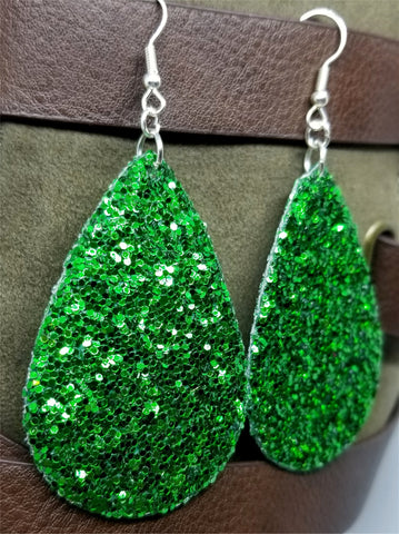 Chunky Green Glitter Very Sparkly Double Sided FAUX Leather Teardrop Earrings