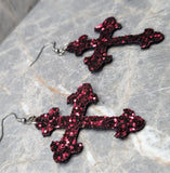 Plum Colored Glitter FAUX Leather Cross Earrings