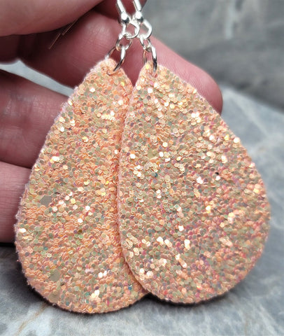 Chunky Peach Glitter Very Sparkly Double Sided FAUX Leather Teardrop Earrings