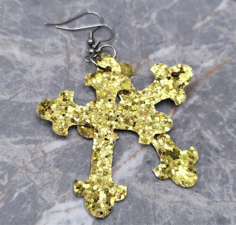 Gold Glitter FAUX Leather Cross Earrings