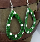 Chunky Green Glitter Very Sparkly Double Sided FAUX Leather Cut Out Teardrop Earrings with White Polka Dots