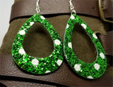 Chunky Green Glitter Very Sparkly Double Sided FAUX Leather Cut Out Teardrop Earrings with White Polka Dots