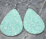 Chunky Pastel Mint Green Glitter Very Sparkly Double Sided FAUX Leather Teardrop Earrings