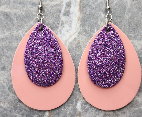 Shiny Pink FAUX Leather Teardrop Earrings with Purple Glitter FAUX Leather Teardrop Overlays