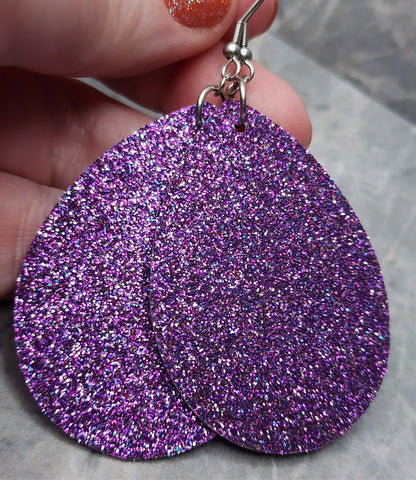 Purple Fine Glitter FAUX Leather Large Teardrop Earrings